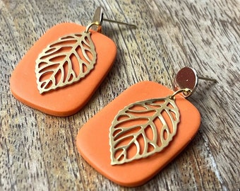 Filigree Brass Leaf over Polymer Clay Earrings, Autumn Earrings, Lightweight Statement Earrings, Handmade Earrings, Gifts for Her