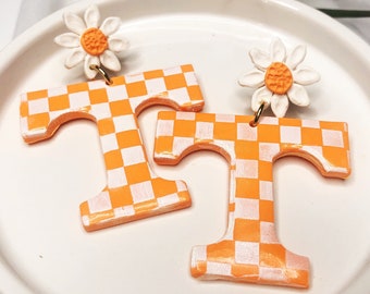 Power T Tennessee Earrings, Daisy Earrings, Orange and White Checks, University of Tennessee Volunteers, Vols Earrings, Tennessee Gifts