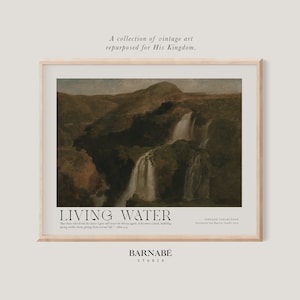 Living Water by Barnabé Studio | Dark Moody Christian Wall Art | Bible Verse Wall Art | Moody Waterfall Oil Painting | Scripture Wall Art