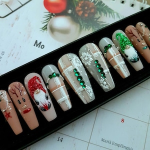 Red and green gnomes, Santa elf nails, winter press on nails, Christmas eve nails