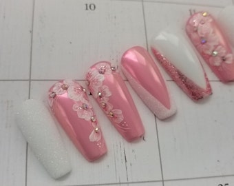 Wedding press on nails,bridal nails,pink white wedding nails,AB crystals nails,love nails,valentine's day press on nails,prom nails