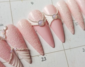 Wedding press on nails,bridal nails,pink white wedding nails,pink opal crystals nails,love nails,valentine's day press on nails,nude nails