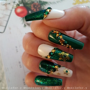 Green ivory Christmas nails with gold snowflakes, crystals Christmas press on nails,winter nails,holiday press on nails,green crystals nails image 4