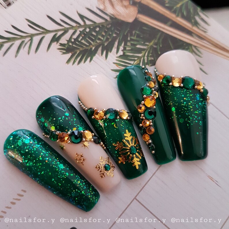 Green ivory Christmas nails with gold snowflakes, crystals Christmas press on nails,winter nails,holiday press on nails,green crystals nails image 8