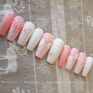 Christmas pink harmony, Christmas press on nails, cute snowflakes, pink Christmas nails, winter nails, festive nails party nails, white nails image 7