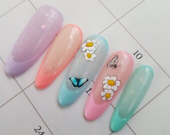 Pastel french art nails,spring flowers Butterflies margaritas nails,3d floral nails,semi permanent glossy nails,hand painted flowers,summer