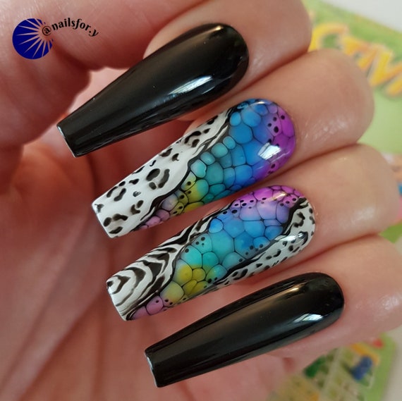 Jungle Mix Animal Print..press on Nails..leopard Zebra Design..black Long  Coffin Nails,snake Skin Nails,animal Print Nails,mix Animal Print 