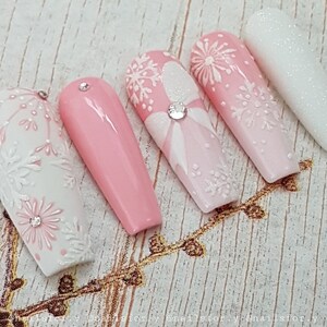 Christmas pink harmony, Christmas press on nails, cute snowflakes, pink Christmas nails, winter nails, festive nails party nails, white nails image 2