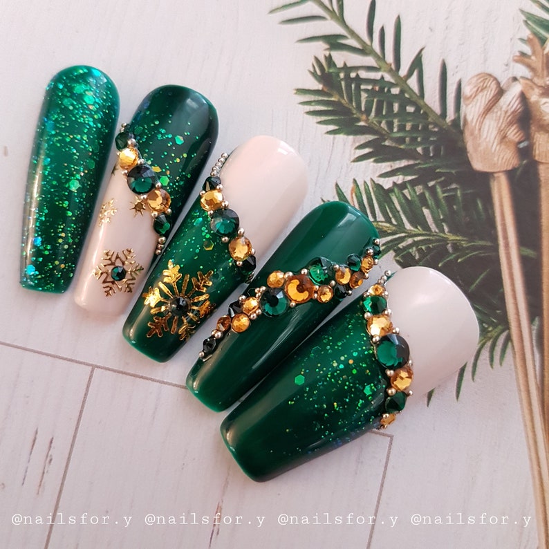 Green ivory Christmas nails with gold snowflakes, crystals Christmas press on nails,winter nails,holiday press on nails,green crystals nails image 7