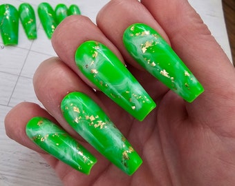 Neon green marble nails with gold foil, glossy nails, trendy nails, marble press on nails