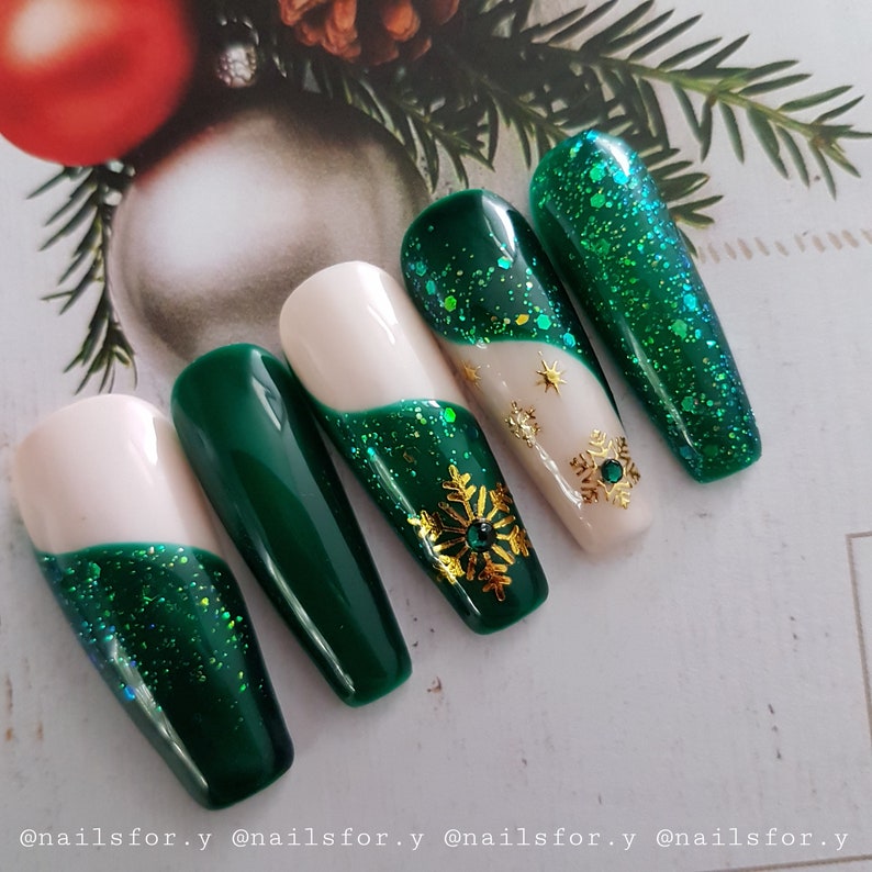 Green ivory Christmas nails with gold snowflakes, crystals Christmas press on nails,winter nails,holiday press on nails,green crystals nails image 2