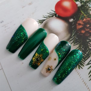 Green ivory Christmas nails with gold snowflakes, crystals Christmas press on nails,winter nails,holiday press on nails,green crystals nails image 5