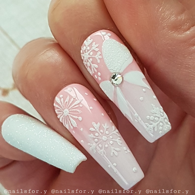 Christmas pink harmony, Christmas press on nails, cute snowflakes, pink Christmas nails, winter nails, festive nails party nails, white nails image 4