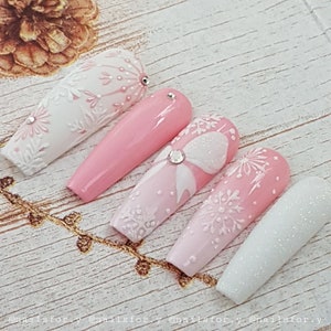 Christmas pink harmony, Christmas press on nails, cute snowflakes, pink Christmas nails, winter nails, festive nails party nails, white nails image 3