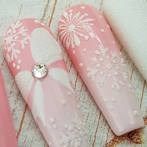 Christmas pink harmony, Christmas press on nails, cute snowflakes, pink Christmas nails, winter nails, festive nails party nails, white nails image 5
