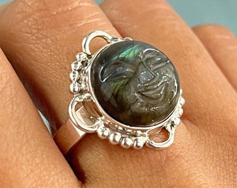 Natural Labradorite Face Carved Silver Ring, Genuine Labradorite Face Ring, Moon Face Carving Ring, 925 Sterling Silver Ring, Gift For Mom