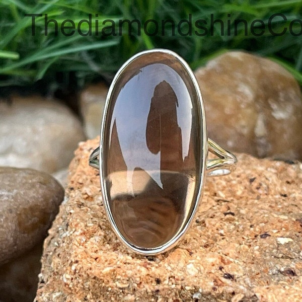 Smoky Quartz Sterling Silver Ring, Large Oval Shape Handmade Sterling Ring, Genuine Very Large Oval Smokey Topaz Quartz Ring, Ring For Her