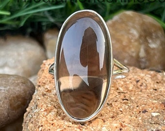 Bague en argent sterling à quartz fumé ovale faite main, style Art déco