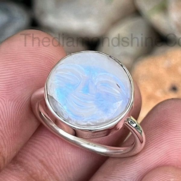 Rainbow Moonstone Carving Sterling Silver Ring, Handmade Carving Designer Ring, Face Silver Ring, Carved Gemstone Ring, Boho Carving Ring