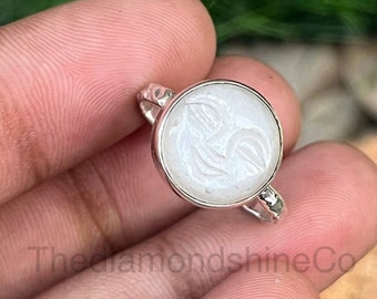 Natural Moonstone Sterling Silver Ring, Boho Carved Ring, Carving Moonstone Ring, Face Silver Ring, Face Gift Ring, Round Cut Carved Ring