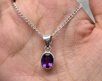 Dainty Amethyst Pendant Necklace, Natural Amethyst Silver Pendant, February Birthstone Necklaces for Women, Tiny 925 Silver Womens Necklace