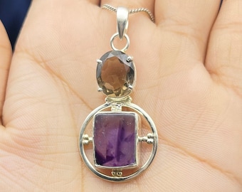 Amethyst Rauchquarz Silber Anhänger Halskette, handgemachte Sterling Silber