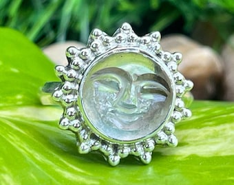 Crystal Quartz Carving Ring Silver 925 Carved Ring Handmade Face Crystal Silver Ring Silver Jewelry Moon Carving Gemstone Wedding Gift Her