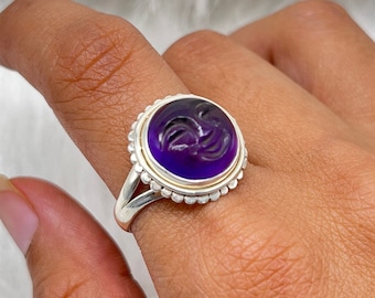 Face Carving Amethyst Ring, Amethyst Gesicht Ring, Mond Gesicht Silber Ring, Gesicht Carving Ring, Amethyst Gesicht geschnitzt Silberring