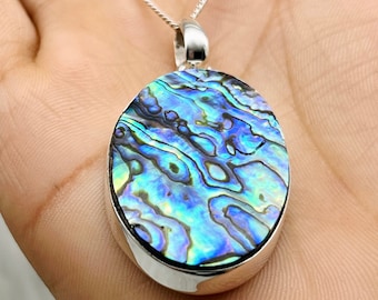 Oval Abalone Shell Sterling Silver Pendant Necklace, Boho Jewelry