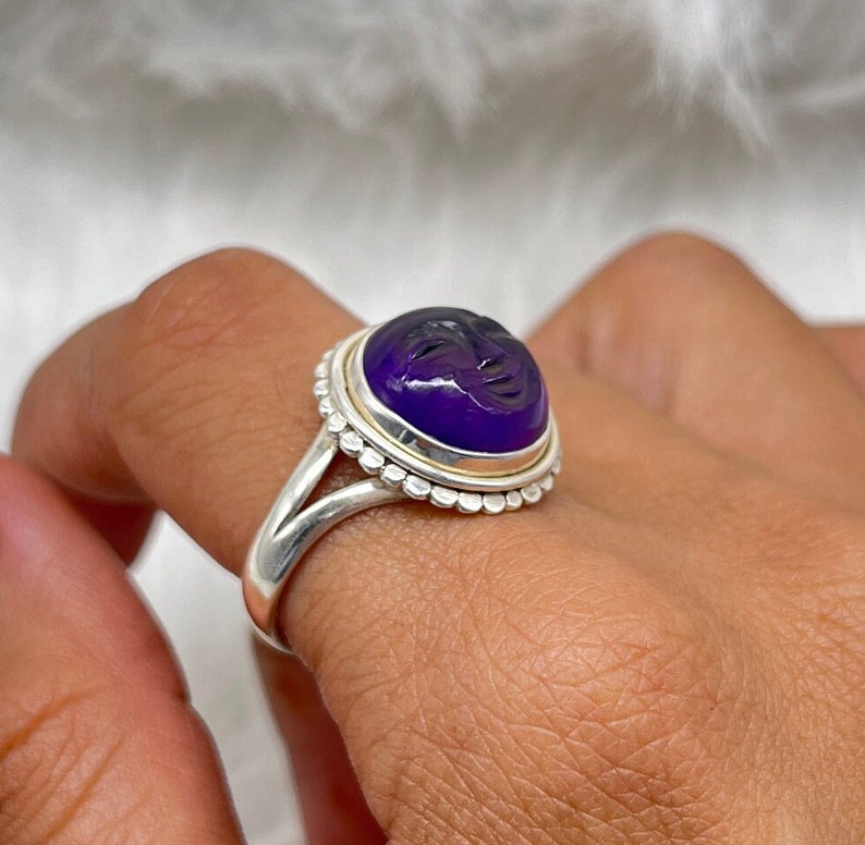 Face Carving Amethyst Ring, Amethyst Gesicht Ring, Mond Gesicht Silber Ring, Gesicht Carving Ring, Amethyst Gesicht geschnitzt Silberring Bild 6