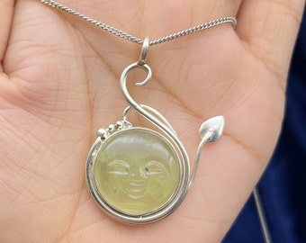 Vintage Moon Face Pendant, Moon Face Silver Pendant, Prehnite Carving Gemstone Pendant, Silver Face Carving Pendant, Leaf Silver Pendant