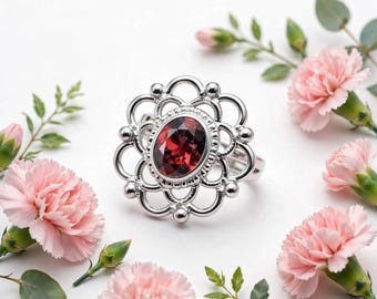 Red Garnet Sterling Silver Ring, Bohemian Flower Jewelry