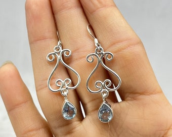 Aquamarine Dangle Earrings, Sterling Silver Boho Earrings