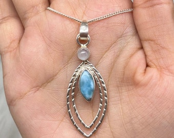 Larimar Moonstone 925 Sterling Silver Pendant Necklace, Boho Artisan