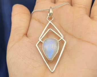 Genuine Rainbow Moonstone Pendant, Tear Drop Moonstone Gemstone Pendant For Women, Statement Silver Moonstone Pendant, Boho Silver Necklace