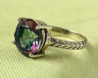 Rainbow Mystic Topaz Silver Ring, 925 Solid Sterling Silver Ring, Round Cut Mystic Topaz Silver Ring, Handmade Boho Women Silver Ring