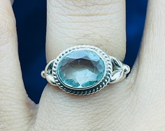 Blue Topaz 925 Sterling Silver Ring, Oval Boho Statement Ring
