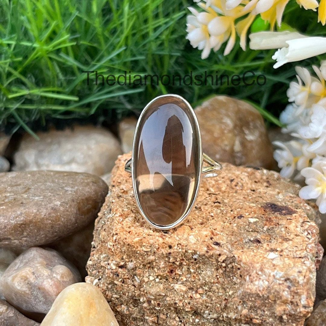 Bague Solitaire Vintage Quartz Fumé Argent 925 - Taille 6 (ovale) - G Lo