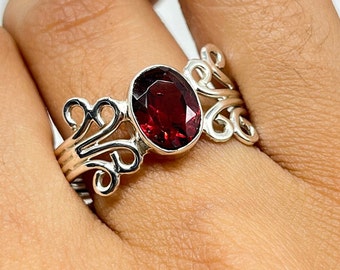 Natural Red Garnet Sterling Silver Ring, Boho Jewelry