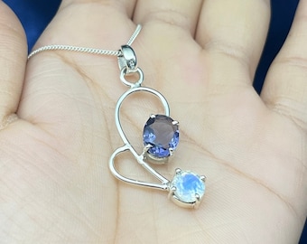 Rainbow Moonstone & Amethyst Silver Pendant, Sterling Silver Necklace