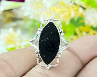 Smooth Black Tourmaline Ring, Black Tourmaline Silver Ring, Marquise Black Tourmaline Ring,  Handmade Boho Designer Tourmaline Ring For Her