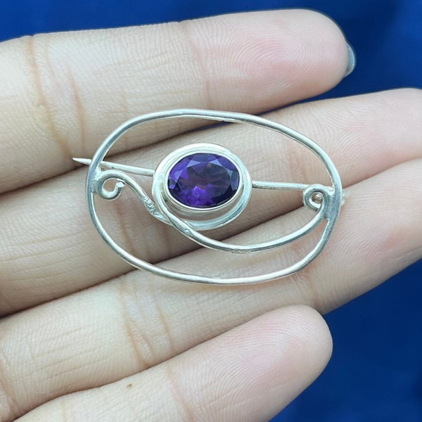 925 Sterling Silver Brooches For Women, Silver Celtic Shawl Pin Brooch Silver Pin Statement Brooch Amethyst Silver Brooches Celtic Scraf Pin