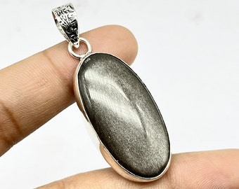 Natürlicher Silber Obsidian Anhänger, Silber Obsidian Edelstein Anhänger für Frauen, Obsidian Silber Anhänger zum Jubiläum, Boho Halskette