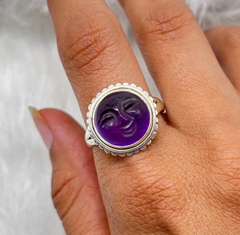 Face Carving Amethyst Ring, Amethyst Gesicht Ring, Mond Gesicht Silber Ring, Gesicht Carving Ring, Amethyst Gesicht geschnitzt Silberring Bild 9