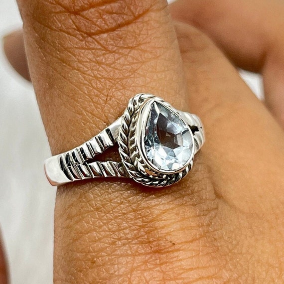 Bague aigue-marine véritable, bague en larme de pierres précieuses