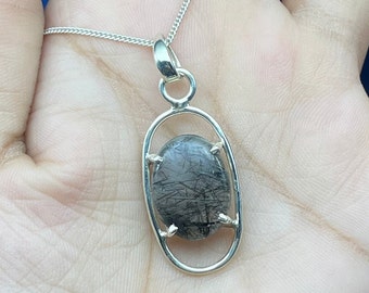 Black Rutile Quartz 925 Sterling Silver Pendant, Boho Style
