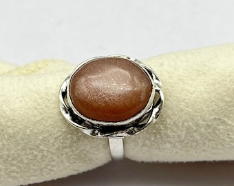 Peach Moonstone Sterling Silver Ring, Handmade Boho Jewelry