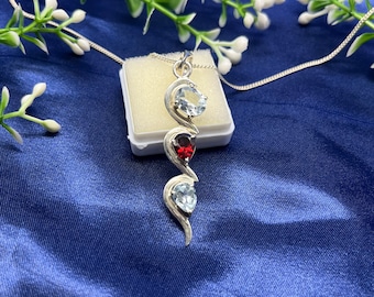 Granat Aquamarin Silber Halskette Anhänger, Solid 925 Granat Aquamarin Edelstein Anhänger Halskette für Frauen, handgemachte bunte Halskette Geschenke