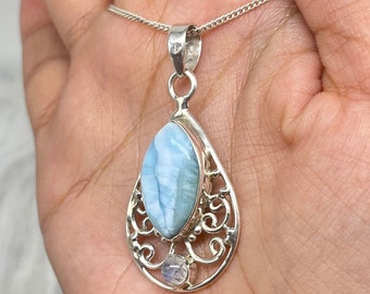 Larimar Moonstone 925 Sterling Silver Pendant Necklace, Handmade Boho Artisan Jewelry