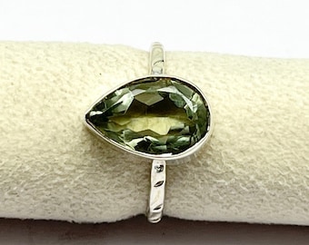 Pear Cut Green Amethyst Ring, 925 Sterling Silver Ring